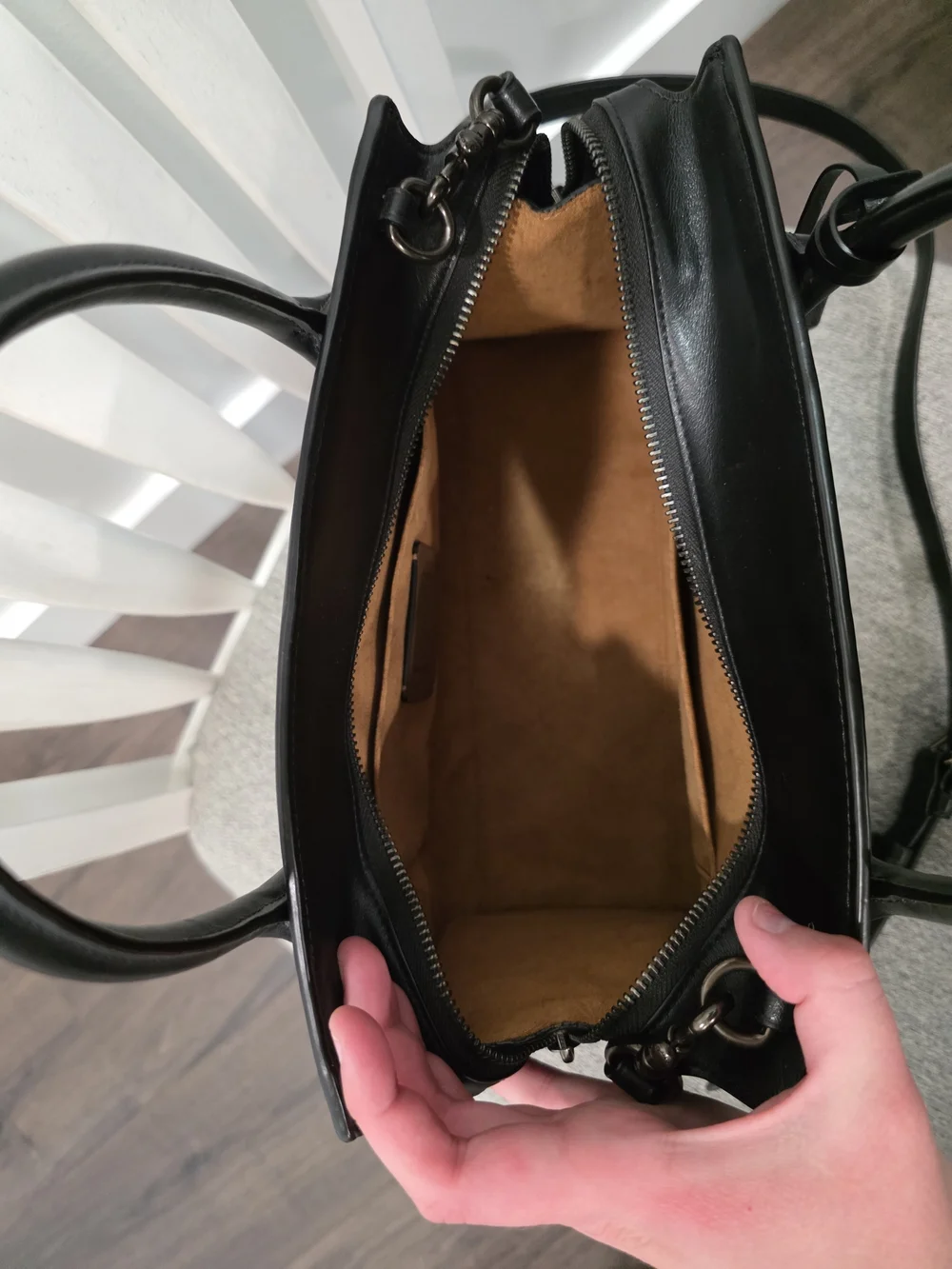 COACH Black Leather Structured Satchel with Crossbody Strap